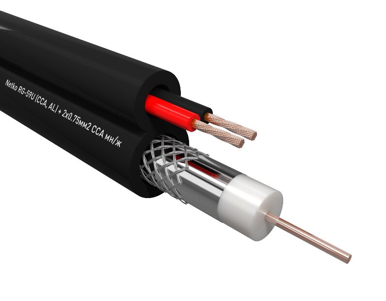 Кабель коаксиальный Netko RG-59U, 75 Ом (CCA, оплетка 32 нити AL) + кабель питания 2x0.75мм2 (CCA, многожильный), аналог КВОС, внешний, черный (100м)