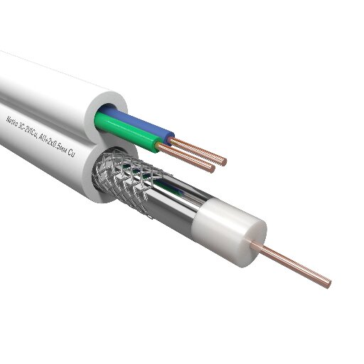 Кабель коаксиальный Netko 3C-2V, 75 Ом (CU, оплетка 32 нити AL) + кабель питания 2x0.5мм (CU, одножильный), аналог ККСВ, белый (100м) NETKO CXC-4725.0X.0B
