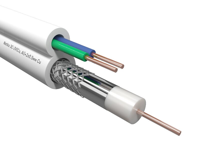 Кабель коаксиальный Netko 3C-2V, 75 Ом (CU, оплетка 32 нити AL) + кабель питания 2x0.5мм (CU, одножильный), аналог ККСВ, белый (100м)