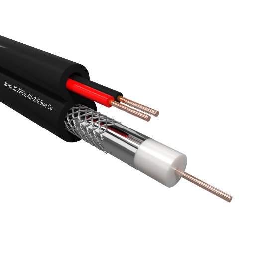 Кабель коаксиальный Netko 3C-2V, 75 Ом (CU, оплетка 32 нити AL) + кабель питания 2x0.5мм (CU, одножильный), аналог ККСП, наружный, черный (100м) NETKO CXC-4726.0X.1H