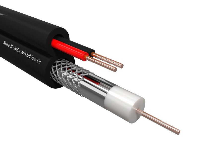 Кабель коаксиальный Netko 3C-2V, 75 Ом (CU, оплетка 32 нити AL) + кабель питания 2x0.5мм (CU, одножильный), аналог ККСП, наружный, черный (100м)