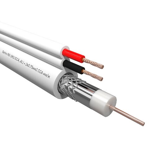 Кабель коаксиальный Netko RG-59U, 75 Ом (CCA, оплетка 32 нити AL) + кабель питания 2x0.75мм2 (CCA, многожильный), аналог КВОС, белый (100м) NETKO CXC-5278.2X.0B
