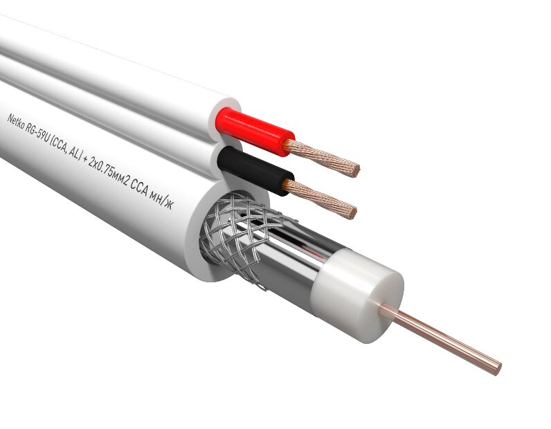 Кабель коаксиальный Netko RG-59U, 75 Ом (CCA, оплетка 32 нити AL) + кабель питания 2x0.75мм2 (CCA, многожильный), аналог КВОС, белый (100м)