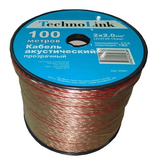 Кабель акустический Technolink 2*2.0мм2 (3*37*0.15мм) CCA, 100м, пластиковая катушка, прозрачный 102.ACC.T-7318.2X.10B