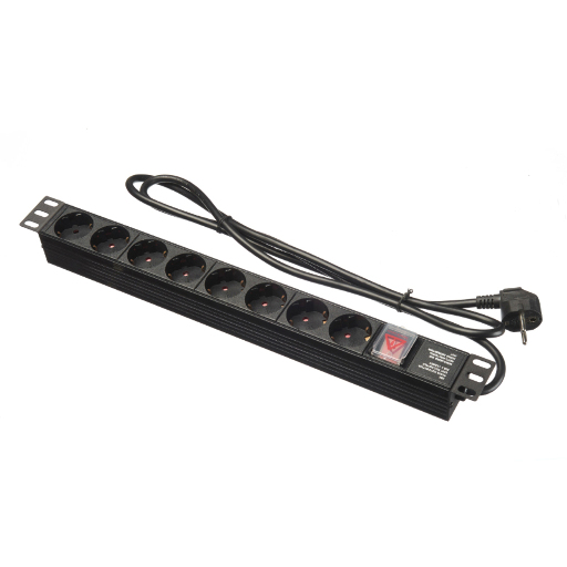 Блок розеток 19", 16А, 8 розеток, шнур 2м, выключатель, черный Netko "S" PDU-1U-G8-K
