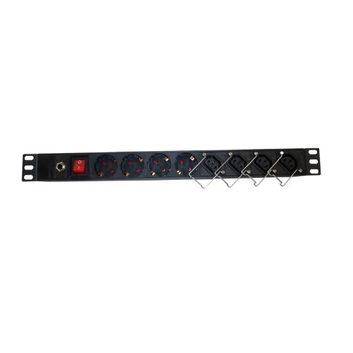 Блок розеток 19", 10-16A, 8 розеток (4 шт EU + 4 шт C13), без шнура, выключатель, с защитой, корпус металл, черный PDU-1U-G8-C14+C13
