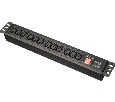 Блок розеток 19", 16А, 12 розеток IEC C13, без шнура, гнездо IEC C14 на задней панели, выключатель, высота 1.5U, чёрный
