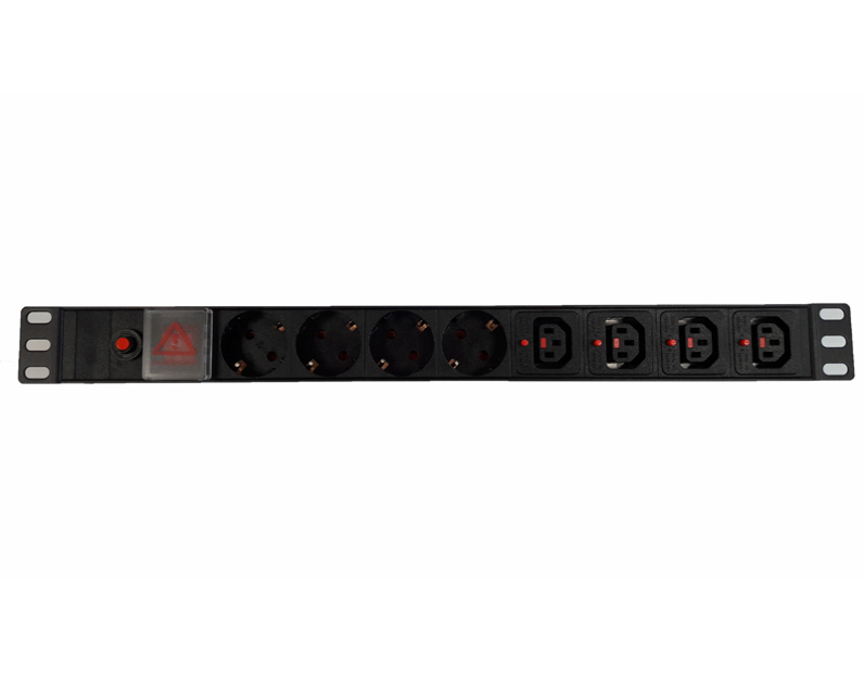 Блок розеток 19", 10-16A, 8 розеток (4 шт EU + 4 шт C13), без шнура, выключатель, с защитой, корпус металл, черный