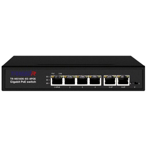Коммутатор TRASSIR TR-NS1406-65-4POE с четырьмя PoE-портами и бюджетом 65 Вт